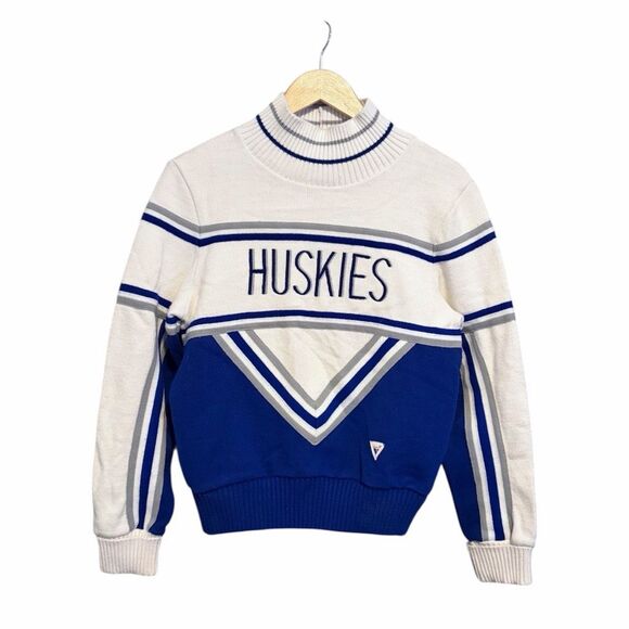 Vintage Varsity Cheerleading Sweater Collegiate Coed HUSKIES Blue White - Picture 3 of 6
